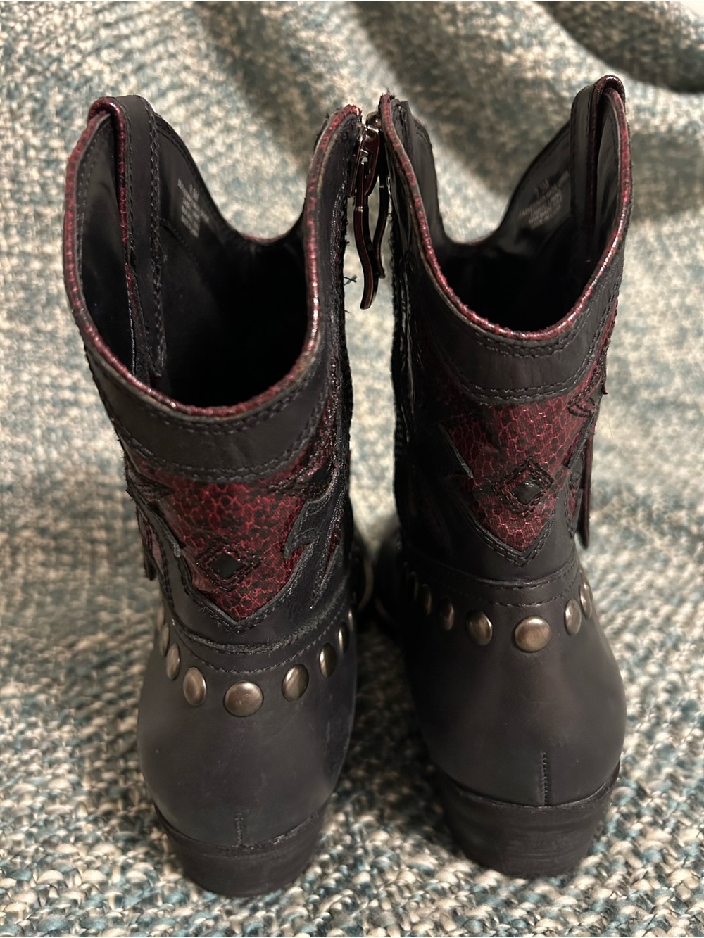 Reba Black Leather Studded Western Booties with Burgundy Stitching - Picture 3 of 7